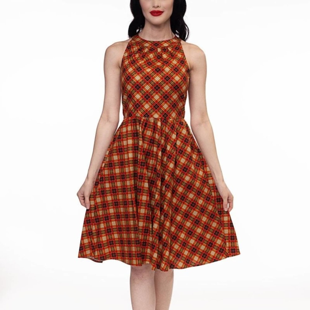Retrolicious Red and Gold Plaid High Neck Dress